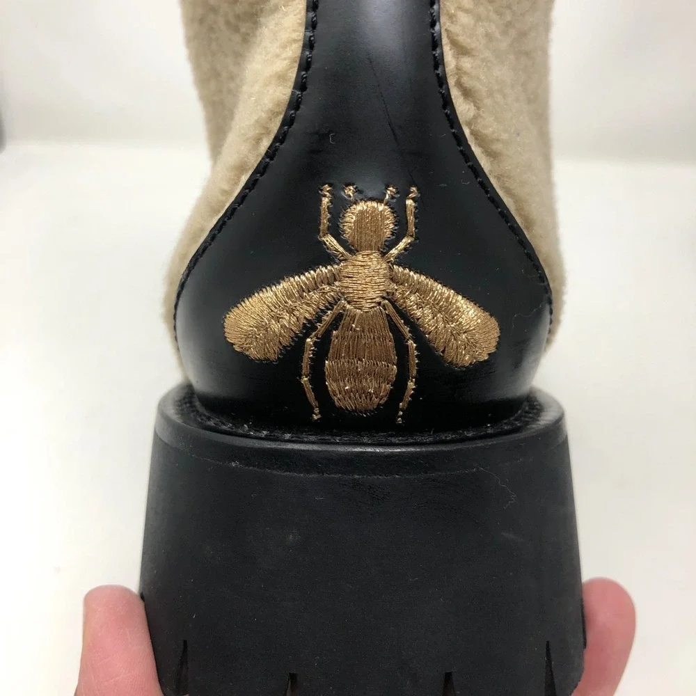 Gucci Ankle Shearling Combat‎ Boot Horsebit Womens 37.5 US 7.5 Beige Designer